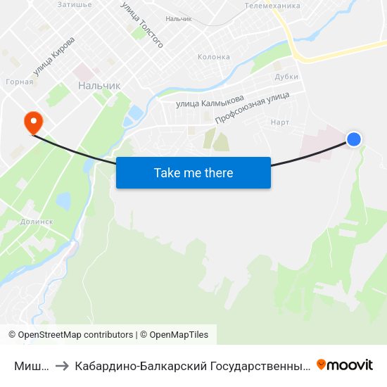 Мишхидж to Кабардино-Балкарский Государственный Аграрный Университет map