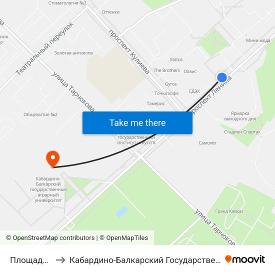 Площадь Абхазии to Кабардино-Балкарский Государственный Аграрный Университет map