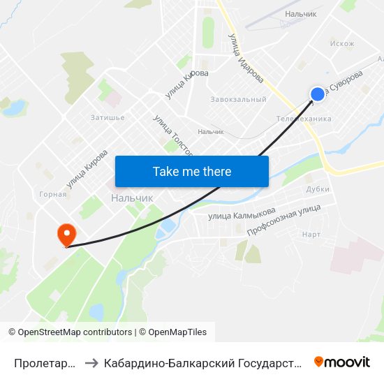 Пролетарская Улица to Кабардино-Балкарский Государственный Аграрный Университет map