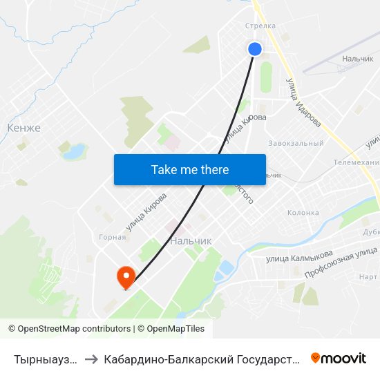 Тырныаузская Улица to Кабардино-Балкарский Государственный Аграрный Университет map