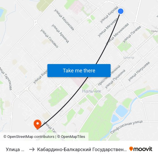 Улица Мечиева to Кабардино-Балкарский Государственный Аграрный Университет map