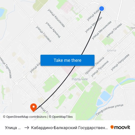 Улица Ахохова to Кабардино-Балкарский Государственный Аграрный Университет map