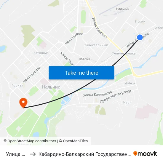 Улица Ашурова to Кабардино-Балкарский Государственный Аграрный Университет map