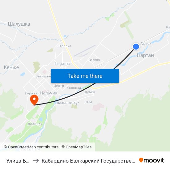 Улица Бадыноко to Кабардино-Балкарский Государственный Аграрный Университет map