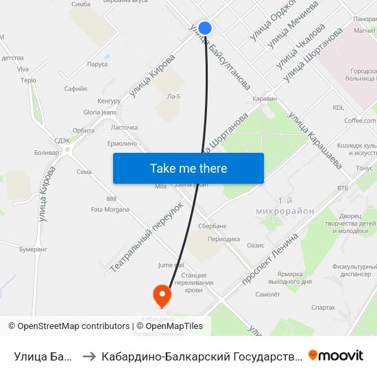 Улица Байсултанова to Кабардино-Балкарский Государственный Аграрный Университет map