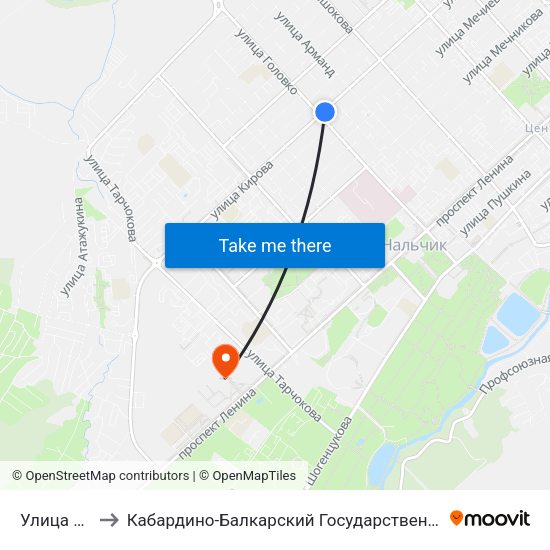 Улица Головко to Кабардино-Балкарский Государственный Аграрный Университет map
