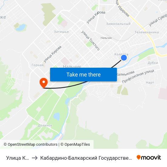 Улица Королёва to Кабардино-Балкарский Государственный Аграрный Университет map