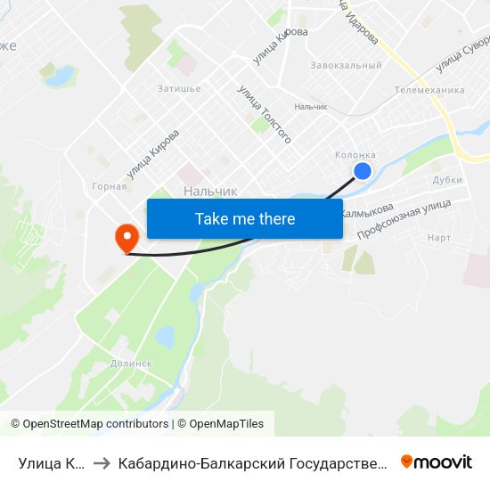 Улица Королёва to Кабардино-Балкарский Государственный Аграрный Университет map