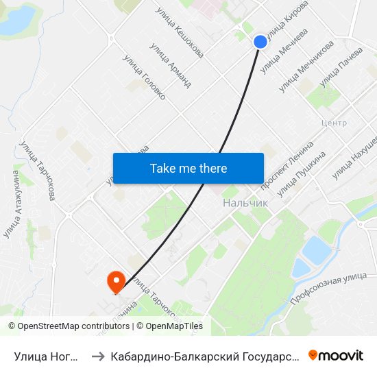 Улица Ногмова / Кирова to Кабардино-Балкарский Государственный Аграрный Университет map
