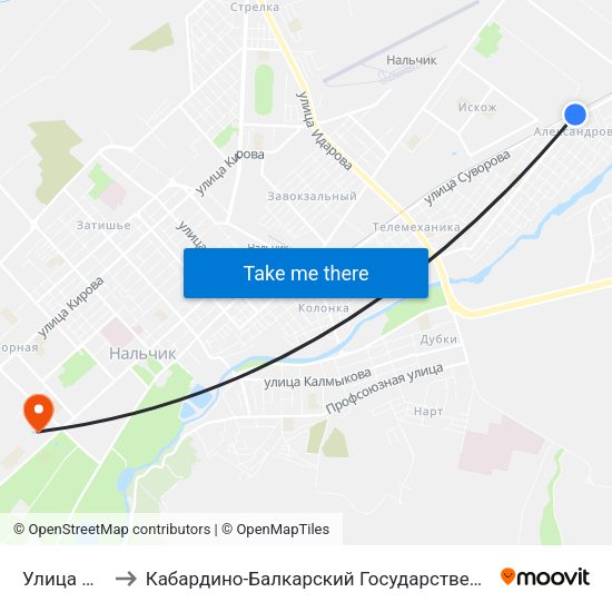 Улица Пугачёва to Кабардино-Балкарский Государственный Аграрный Университет map