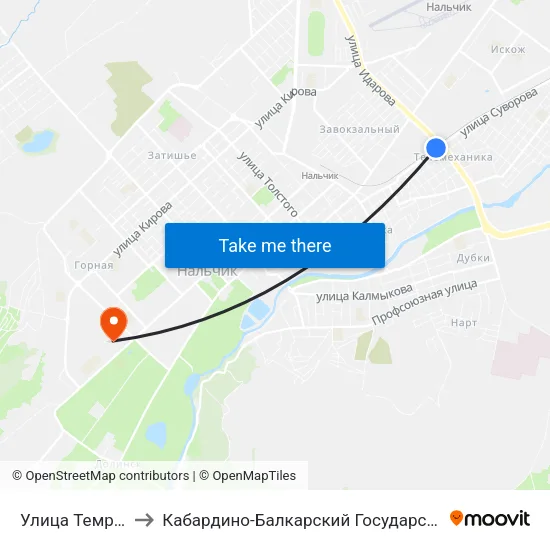 Улица Темрюка Идарова to Кабардино-Балкарский Государственный Аграрный Университет map