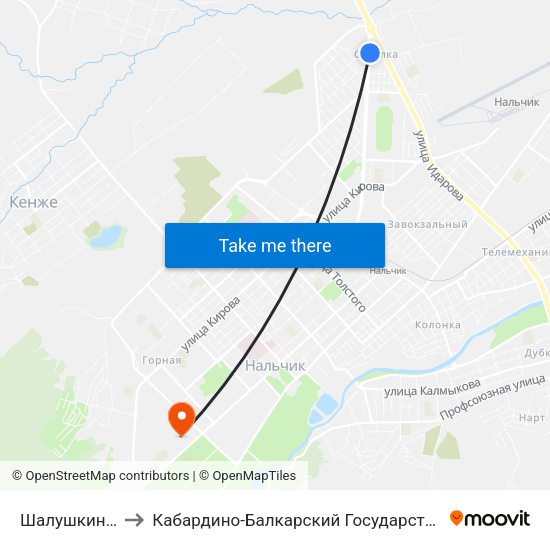 Шалушкинская Улица to Кабардино-Балкарский Государственный Аграрный Университет map
