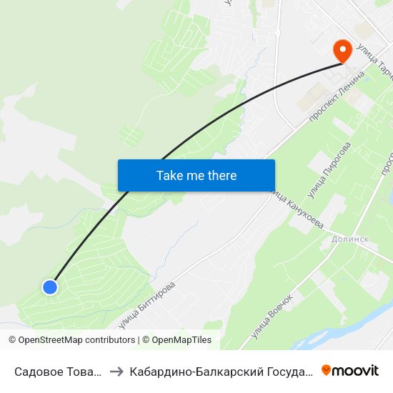 Садовое Товарищество Родник to Кабардино-Балкарский Государственный Аграрный Университет map