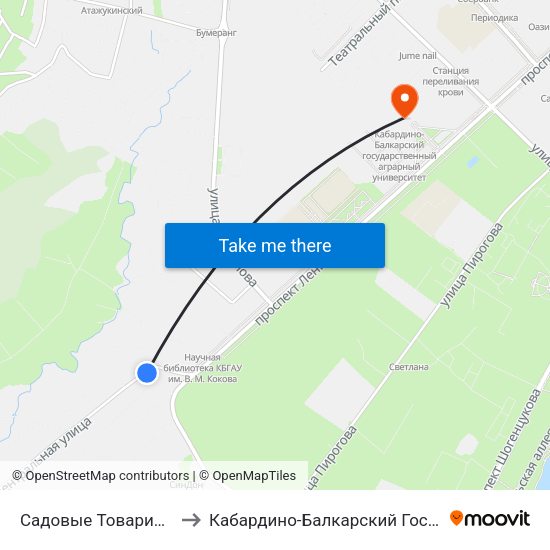 Садовые Товарищества Спутник И Дружба to Кабардино-Балкарский Государственный Аграрный Университет map