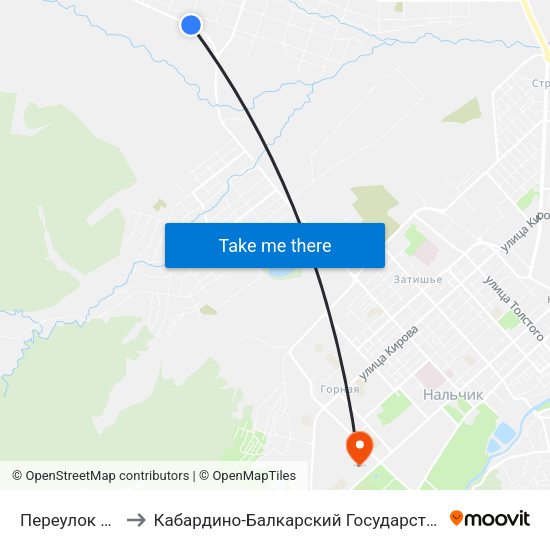 Переулок Кучменовой to Кабардино-Балкарский Государственный Аграрный Университет map
