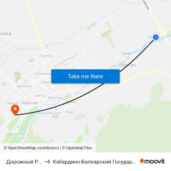 Дорожный Разъезд Нартан to Кабардино-Балкарский Государственный Аграрный Университет map