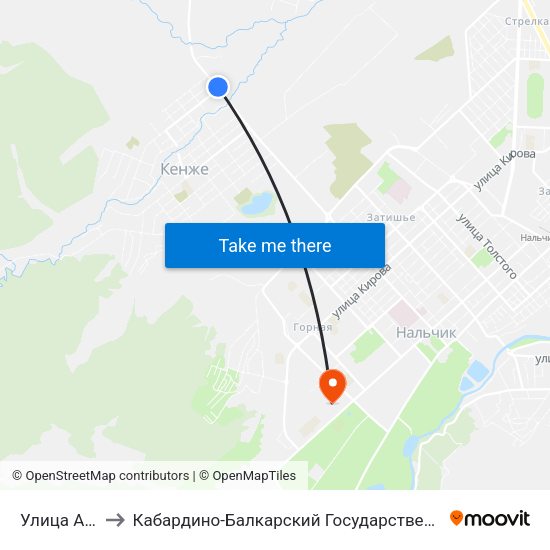 Улица Ахметова to Кабардино-Балкарский Государственный Аграрный Университет map