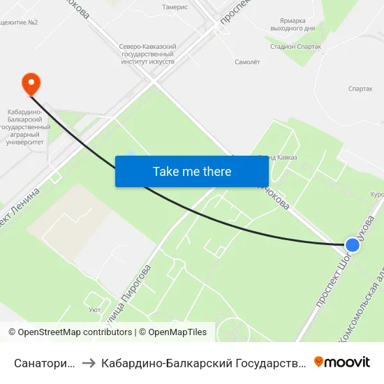 Санаторий Нальчик to Кабардино-Балкарский Государственный Аграрный Университет map