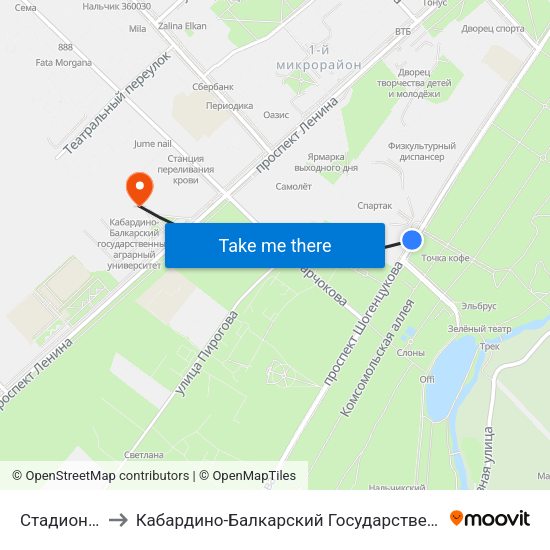 Стадион Спартак to Кабардино-Балкарский Государственный Аграрный Университет map