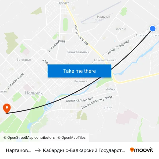 Нартановская Улица to Кабардино-Балкарский Государственный Аграрный Университет map