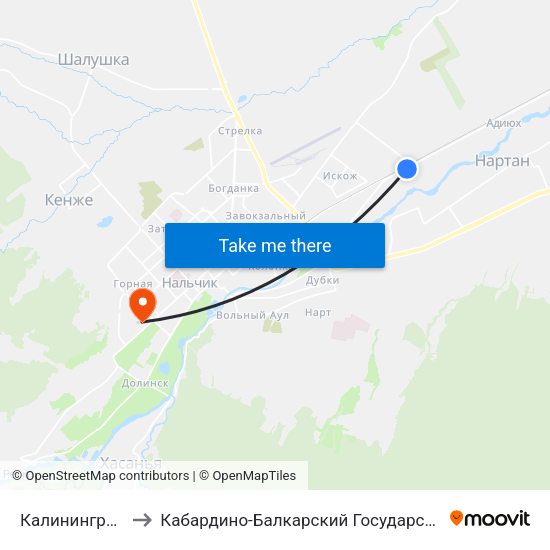 Калининградская Улица to Кабардино-Балкарский Государственный Аграрный Университет map
