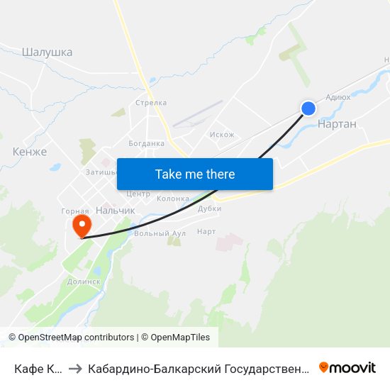 Кафе Корабль to Кабардино-Балкарский Государственный Аграрный Университет map
