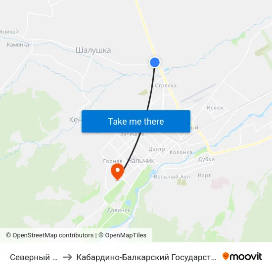 Северный Автовокзал to Кабардино-Балкарский Государственный Аграрный Университет map