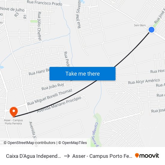 Caixa D'Agua Independência to Asser - Campus Porto Ferreira map