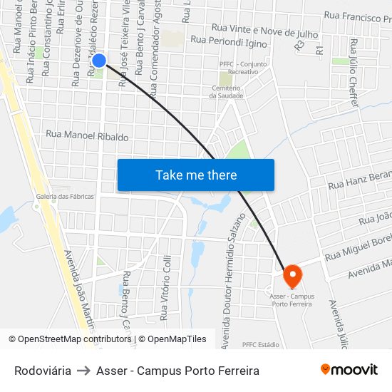 Rodoviária to Asser - Campus Porto Ferreira map