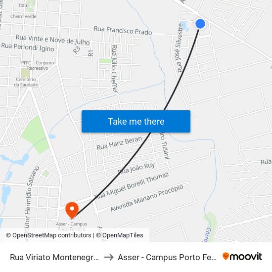 Rua Viriato Montenegro, 41 to Asser - Campus Porto Ferreira map