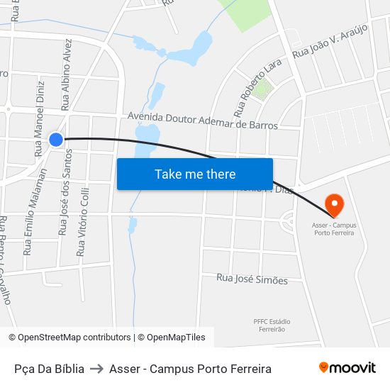 Pça Da Bíblia to Asser - Campus Porto Ferreira map