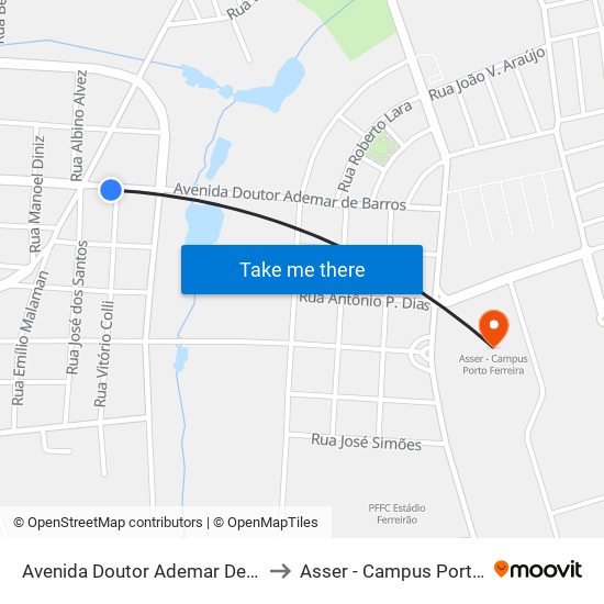 Avenida Doutor Ademar De Barros, 570 to Asser - Campus Porto Ferreira map