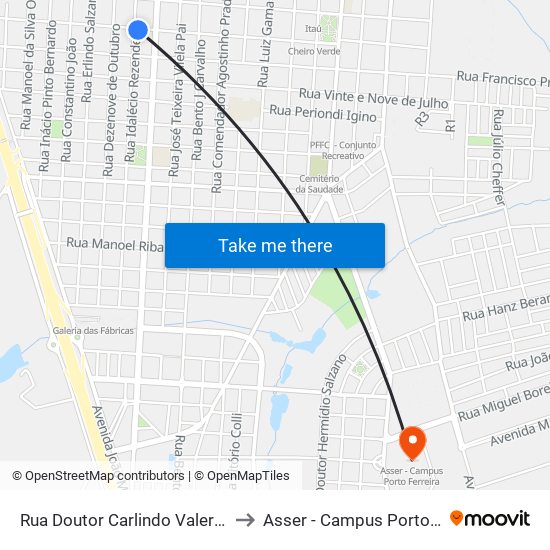 Rua Doutor Carlindo Valeriani, 1025 to Asser - Campus Porto Ferreira map