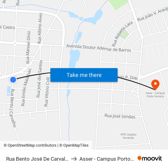 Rua Bento José De Carvalho, 2063 to Asser - Campus Porto Ferreira map