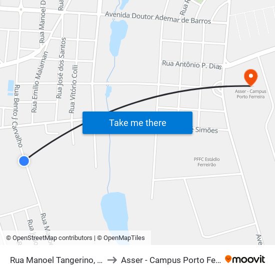 Rua Manoel Tangerino, 2374 to Asser - Campus Porto Ferreira map