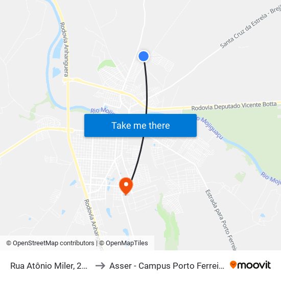 Rua Atônio Miler, 285 to Asser - Campus Porto Ferreira map