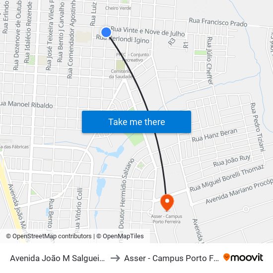 Avenida João M Salgueiro, 515 to Asser - Campus Porto Ferreira map