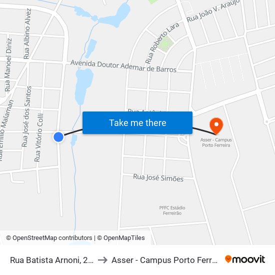 Rua Batista Arnoni, 296 to Asser - Campus Porto Ferreira map