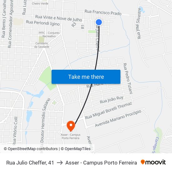 Rua Julio Cheffer, 41 to Asser - Campus Porto Ferreira map