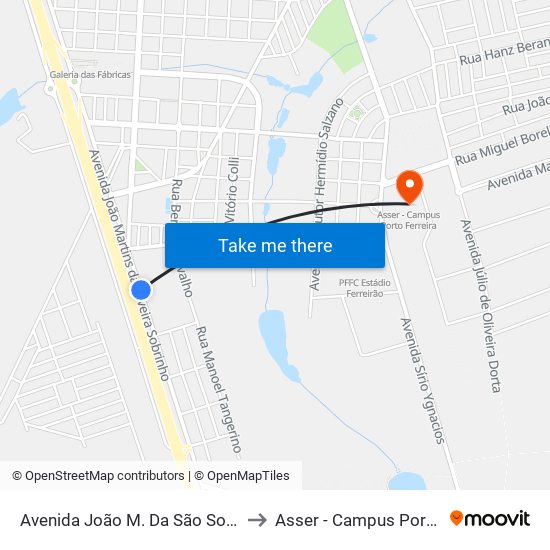 Avenida João M. Da São Sobrinho, 2587 to Asser - Campus Porto Ferreira map