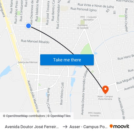 Avenida Doutor José Ferreira Azambuja, 947 to Asser - Campus Porto Ferreira map