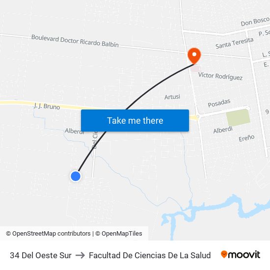 34 Del Oeste Sur to Facultad De Ciencias De La Salud map