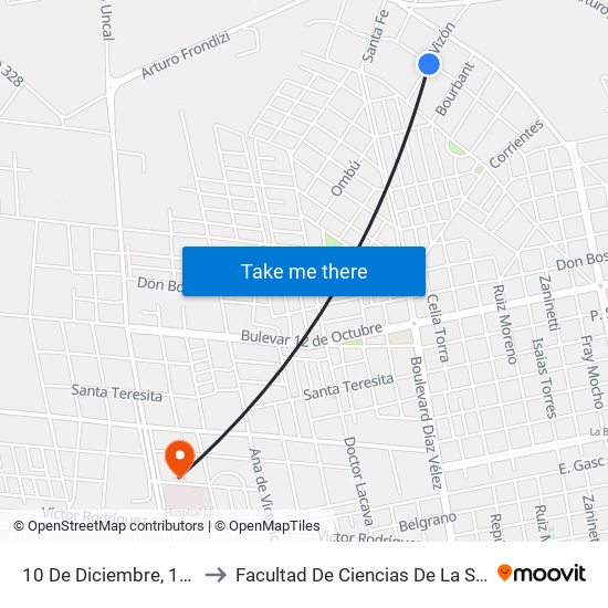 10 De Diciembre, 1316 to Facultad De Ciencias De La Salud map