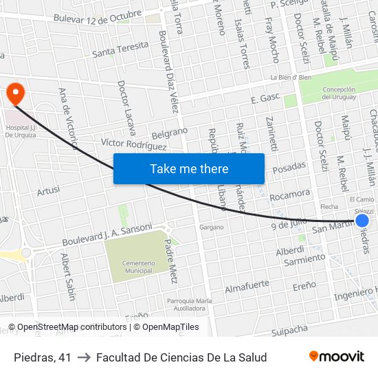 Piedras, 41 to Facultad De Ciencias De La Salud map