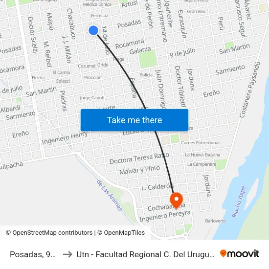 Posadas, 960 to Utn - Facultad Regional C. Del Uruguay map