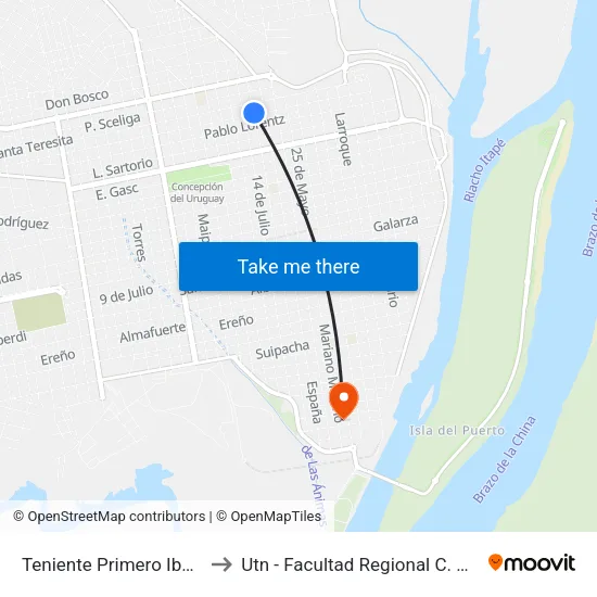 Teniente Primero Ibañez, 850 to Utn - Facultad Regional C. Del Uruguay map