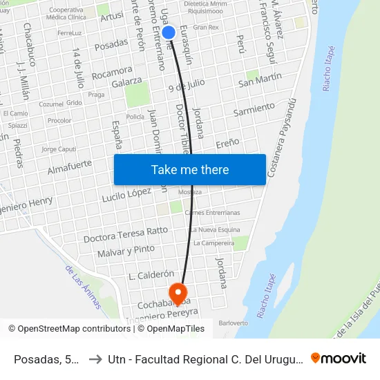Posadas, 555 to Utn - Facultad Regional C. Del Uruguay map