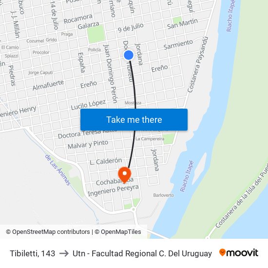 Tibiletti, 143 to Utn - Facultad Regional C. Del Uruguay map