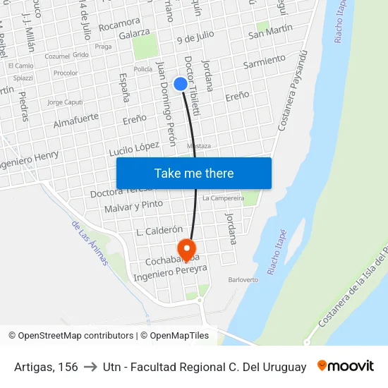 Artigas, 156 to Utn - Facultad Regional C. Del Uruguay map