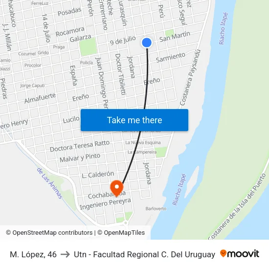 M. López, 46 to Utn - Facultad Regional C. Del Uruguay map